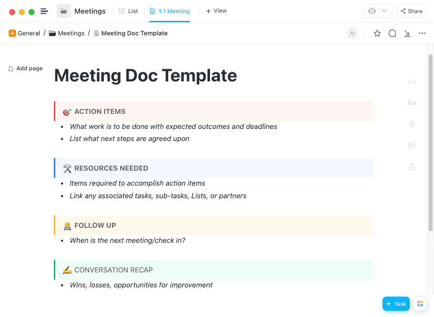 meeting notes doc Vorlage Beispiel in ClickUp