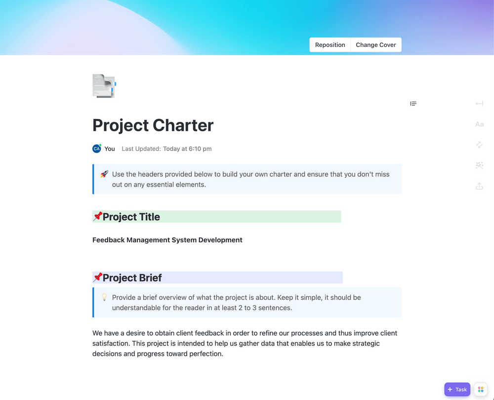 ClickUp의 프로젝트 헌장 템플릿