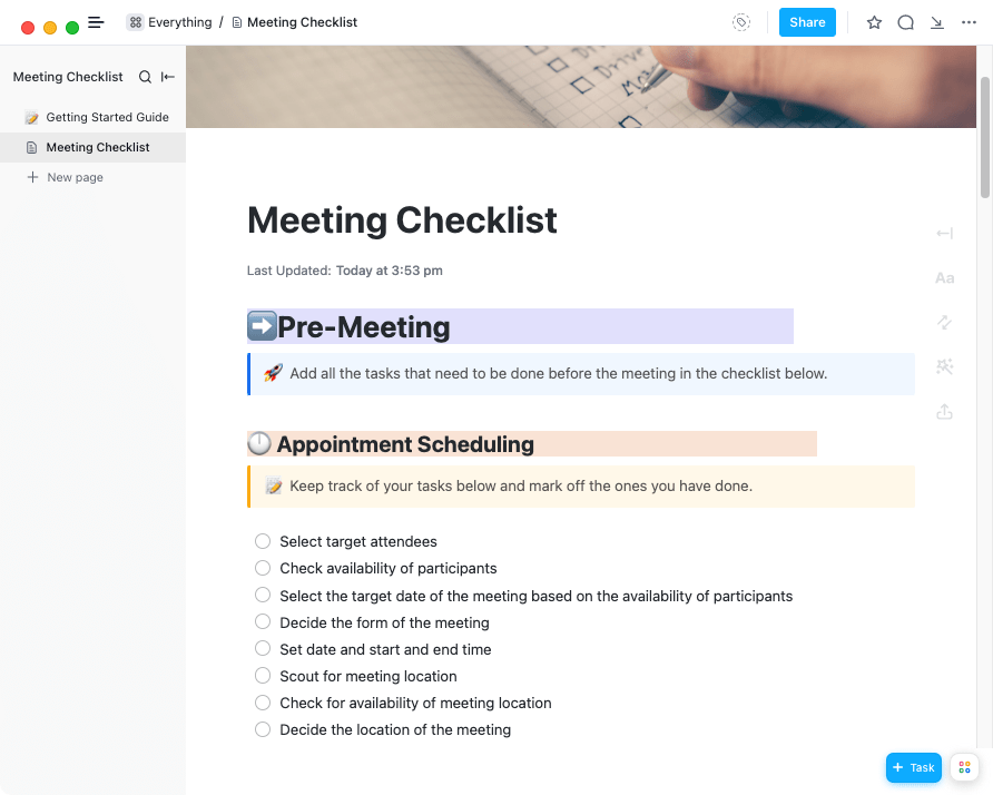 Plantilla de lista de comprobación de reuniones de ClickUp