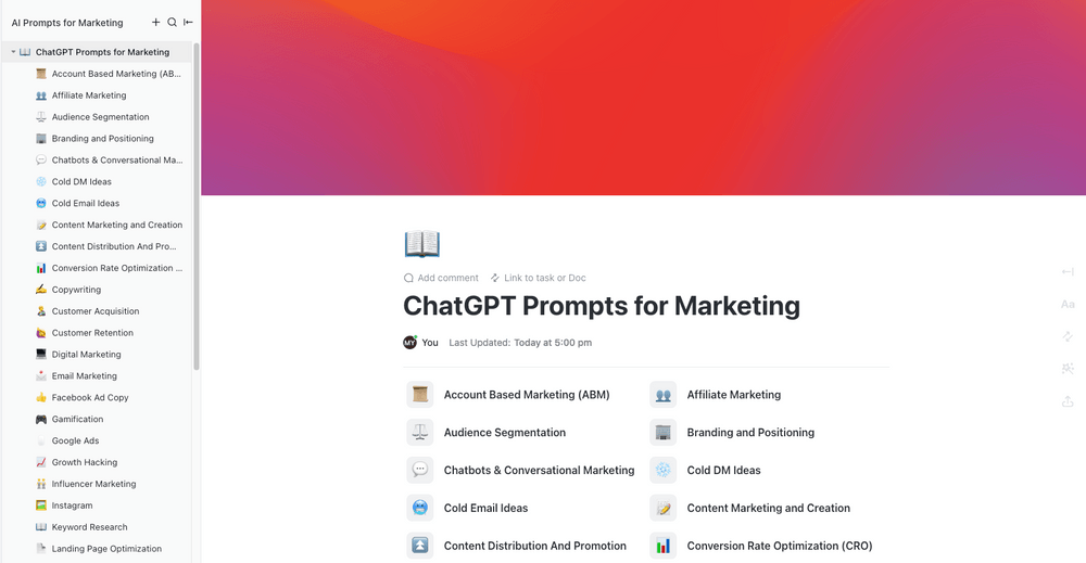 Chat GPT Prompts pour le modèle de marketing par ClickUp