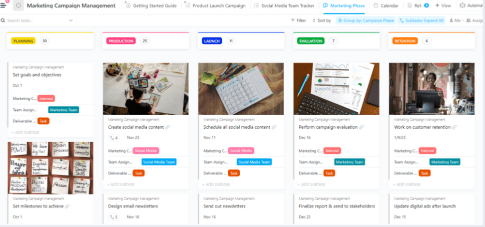 Rencanakan kampanye pemasaran dari produksi hingga peluncuran menggunakan Templat Manajemen Kampanye Pemasaran dari ClickUp