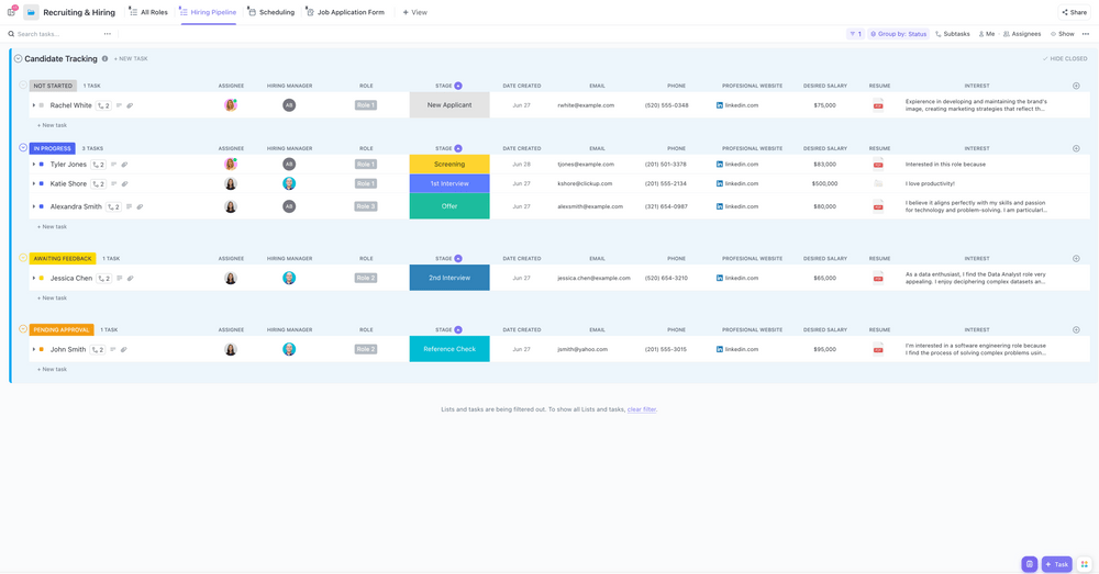 Kapazitätsplanung: ClickUp Recruiting & Hiring Template