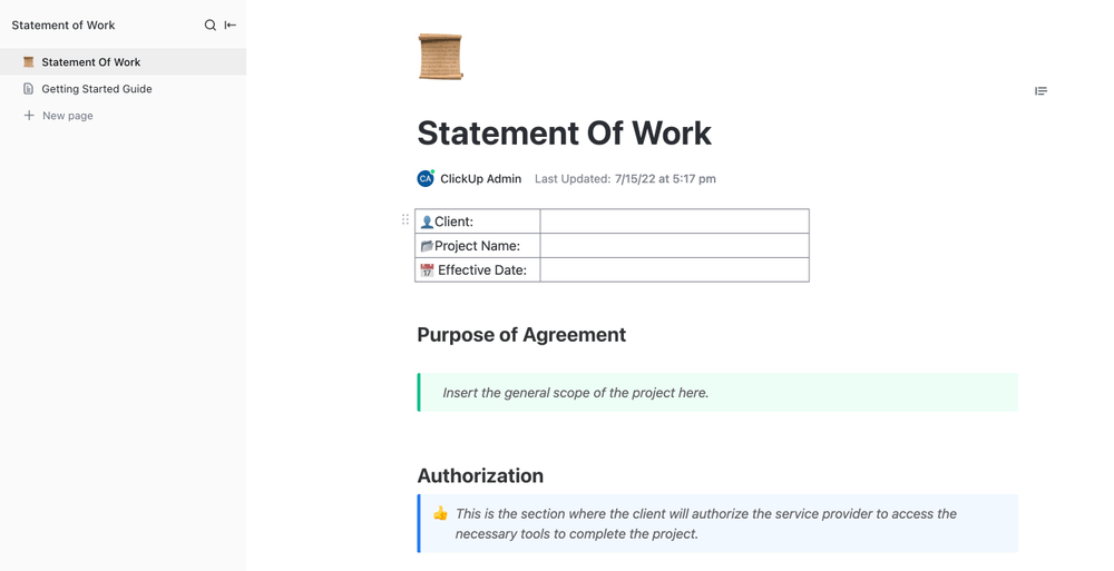Modello di dichiarazione di lavoro di ClickUp
