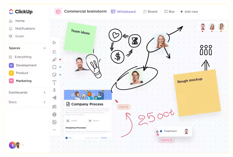 Teken diagrammen en voeg plakbriefjes toe aan uw notitieroutine met ClickUp Whiteboards