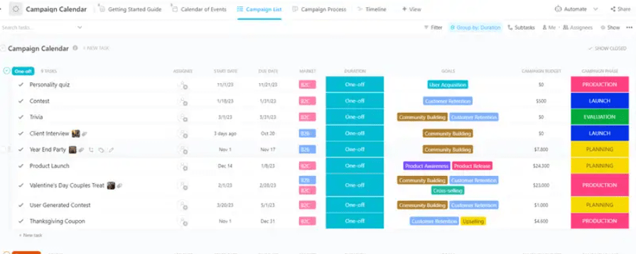 Templat Kalender Kampanye ClickUp