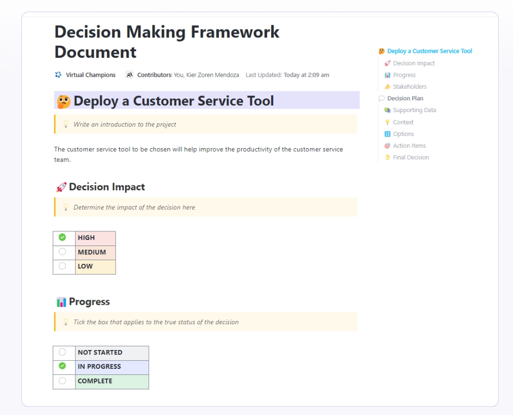 ClickUp Decision Making Framework Document Template : RAPID framework