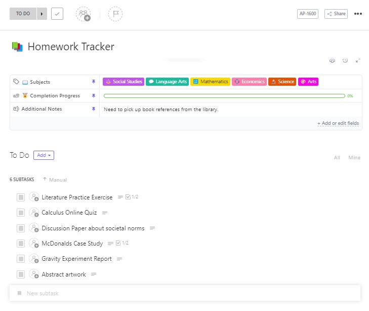 Homework Tracker Template 