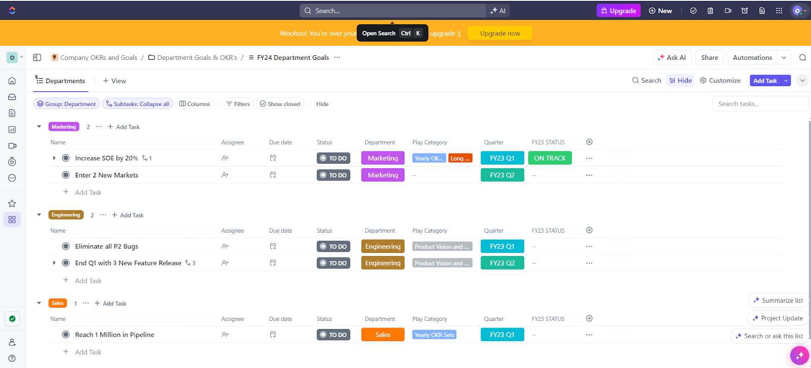 Modello OKR e obiettivi aziendali ClickUp