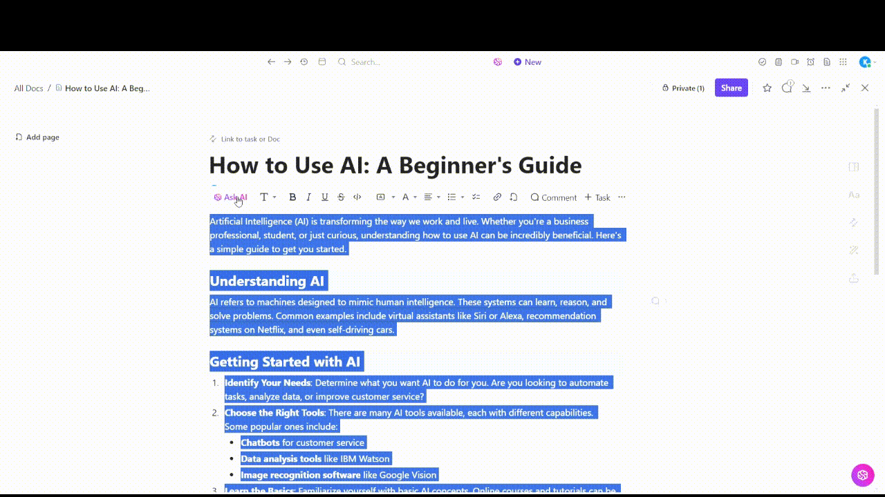 ClickUp Brain within ClickUp Docs