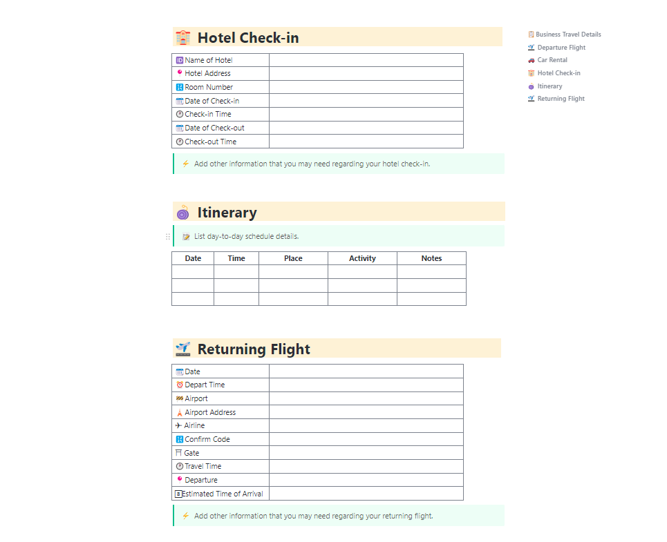 ClickUp Business Travel Itinerary Template : Travel Checklist Template