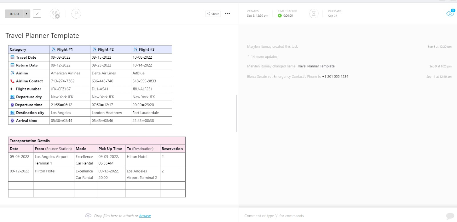ClickUp Travel Planner Template : Travel Checklist Template